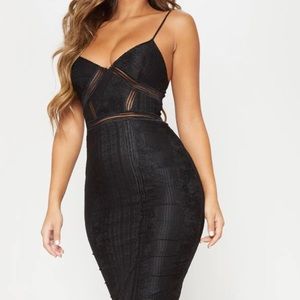 BLACK LACE MESH STRIPE INSERT MIDI DRESS